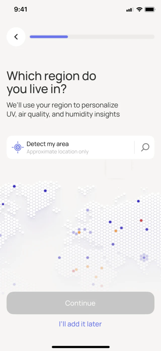 Easly asking which region you live in, to personalise UV, air quality and humidity insights